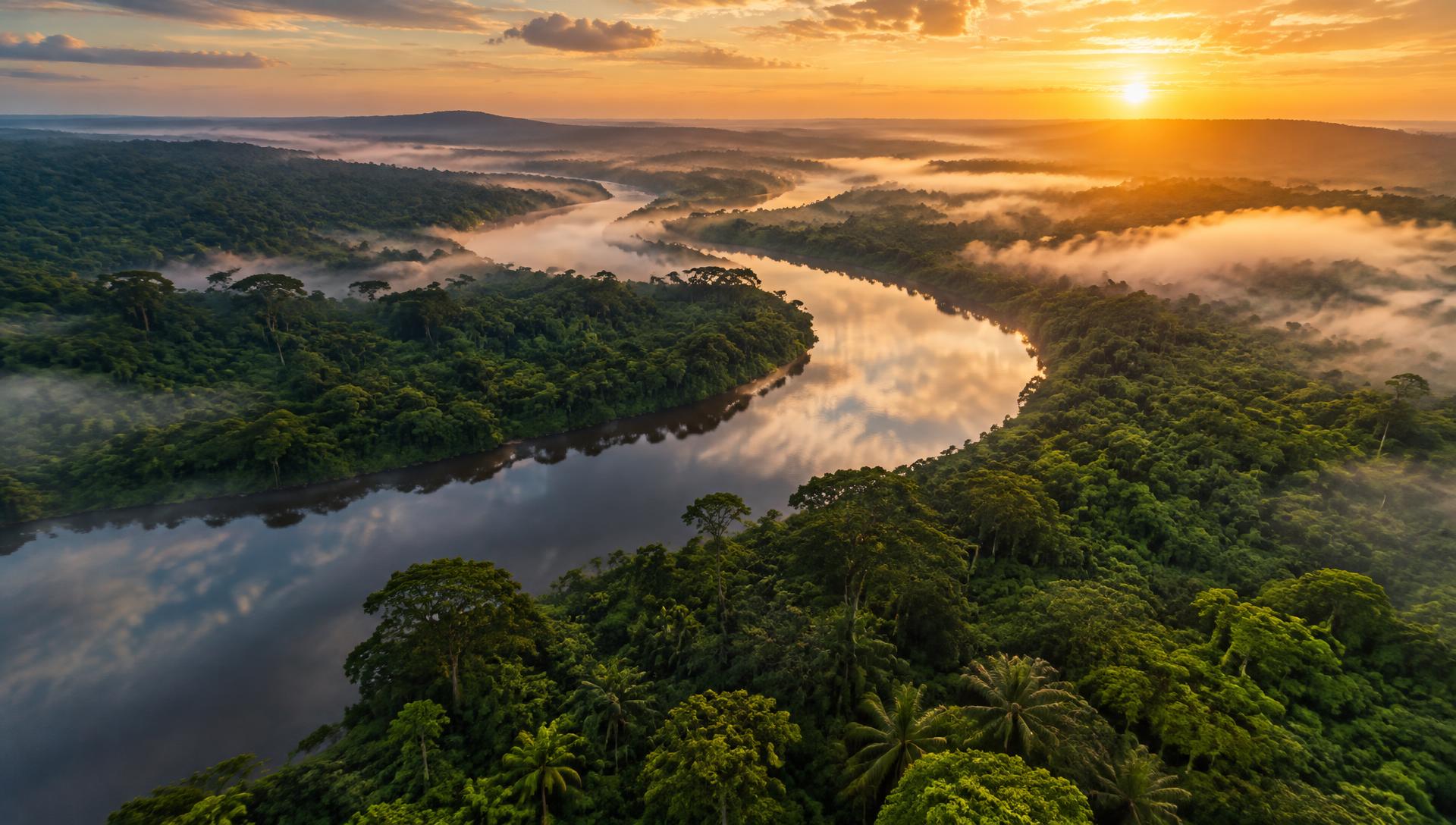 Misty rainforest and river at sunrise in West Africa