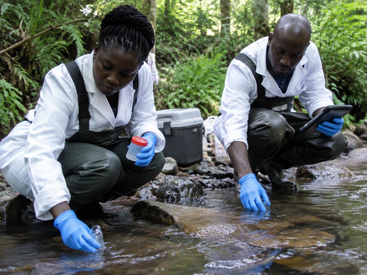 Illustrative photo: environmental researchers sampling a forest stream